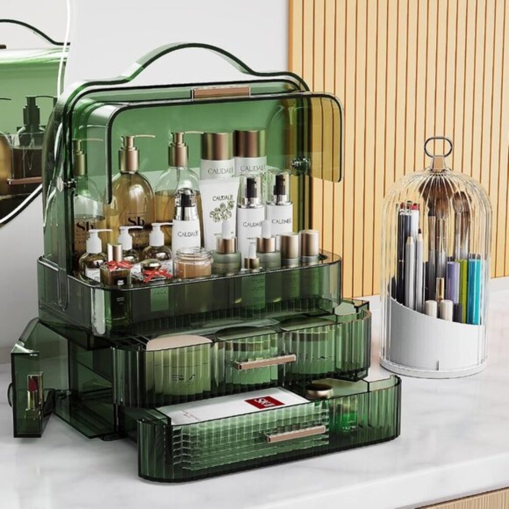 New 2-Layer Makeup & Skincare Organizer, Green Waterproof Vanity Storage Case